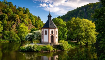 Picturesque chapel on an island, serene landscape