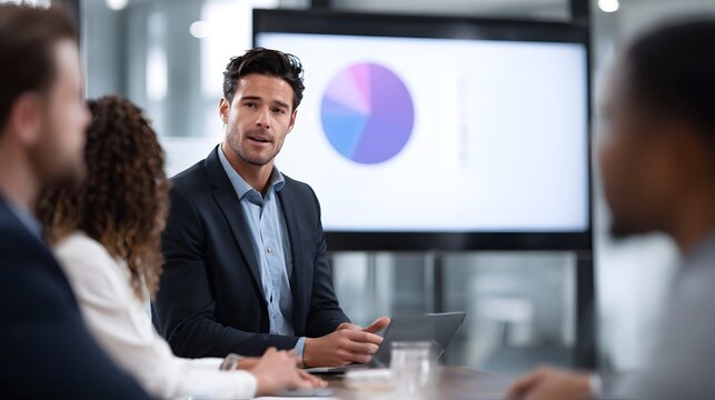 Man confidently presents financial data using a pie chart during a business meeting in a modern office