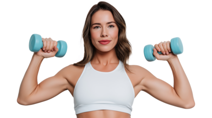 Confident woman holding dumbbells in white sports bra image isolated transparent. Fit female workout model with exercise weights cut out photo png. Strength building cutout photography