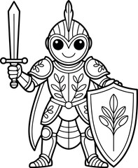 Cute cartoon knight with sword and shield ready for coloring page