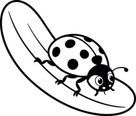 Cute cartoon ladybug on a leaf illustration in black and white