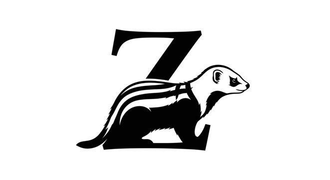 Black and white graphic illustration of a zorilla, or striped polecat, integrated with the letter Z.