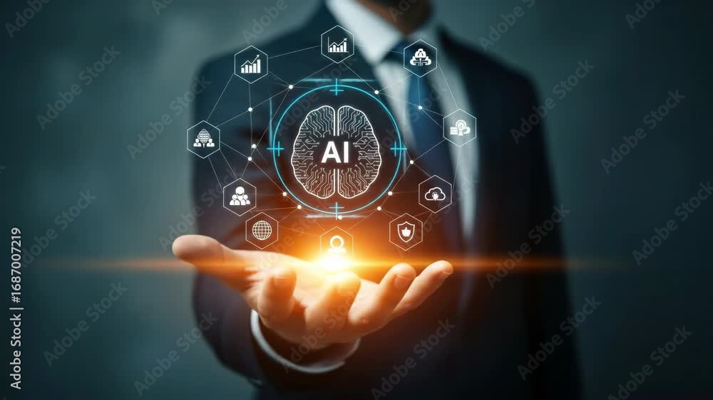 Poster an artificial intelligence technology innovation for business with digital brain interface, futurist