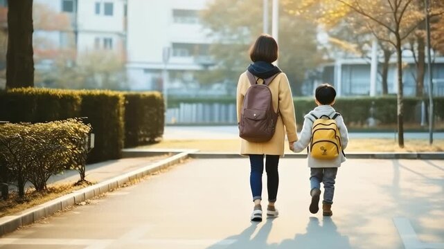 A warm, back-view video scene of a parent and child walking hand in hand on a sunlit path, captured from a low angle for an intimate feel.
