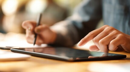 Digital Product Testing by Entrepreneur on Tablet Device Close-Up