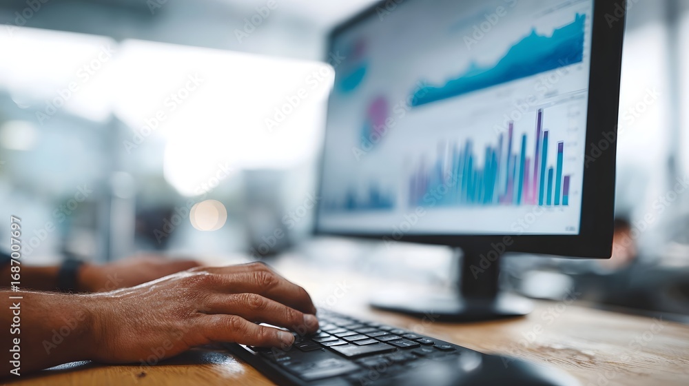 Poster close up of hands typing on a computer keyboard while analyzing complex data visualizations and fina