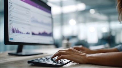 A person s hands typing on a computer keyboard displaying financial data analytics on a monitor in an office setting