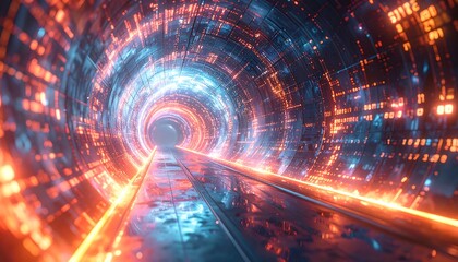 Futuristic tunnel with glowing data
