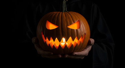 Sinister Jack O Lantern Glowing in the Dark Held by Hands