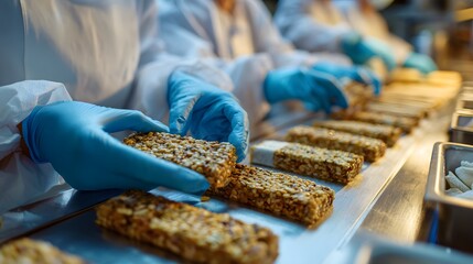 Fototapeta premium female workers in a food production line at the factory make granola bars. the close-up shows hands with gloves and masks working on a conveyor belt