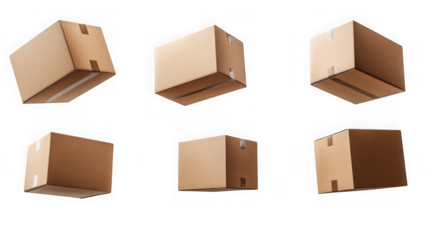 Six cardboard boxes in different orientations isolated on transparent background