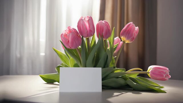 Fresh pink tulips arranged on a table with a blank card in a softly lit indoor setting
