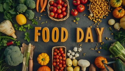 Community celebration of fresh produce and healthy eating during Food Day with vibrant vegetables and fruits spread on a textured surface Generative AI