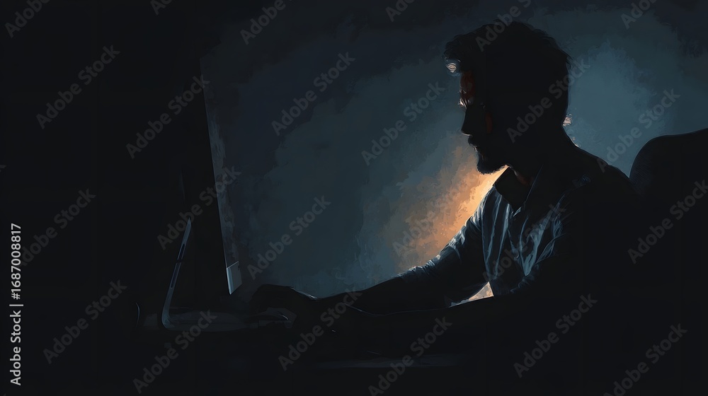 Poster man working late on computer in a dark room illuminated by screen glow