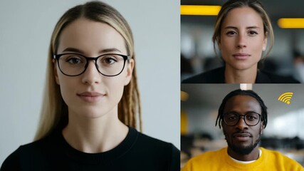 Individuals engaged in an online meeting displaying focused expressions in a modern office space - Powered by Adobe