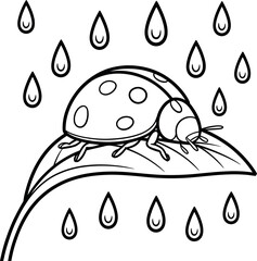 Ladybug on a leaf in the rain coloring page vector graphic