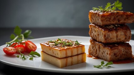 Deliciously plated tofu dish with garnishes served on a white plate during a culinary showcase event Generative AI