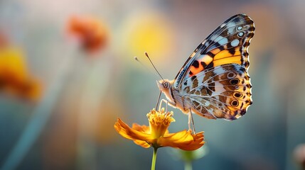 Obraz premium Painted lady butterfly gracefully perched on a vibrant orange cosmos flower in a sunlit garden