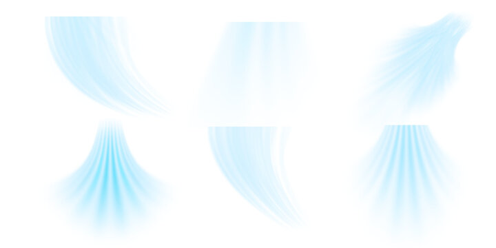 Air flow set of vector elements on a white background. Abstract light effect blowing from an air conditioner, purifier or humidifier. Dynamic blurred flow motion	