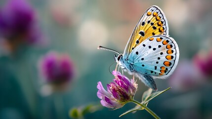 Adonis blue butterfly delicately resting on a purple clover flower in a sundrenched meadow