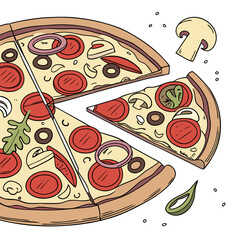Vector art of hand drawn pizza with pepperoni illustration