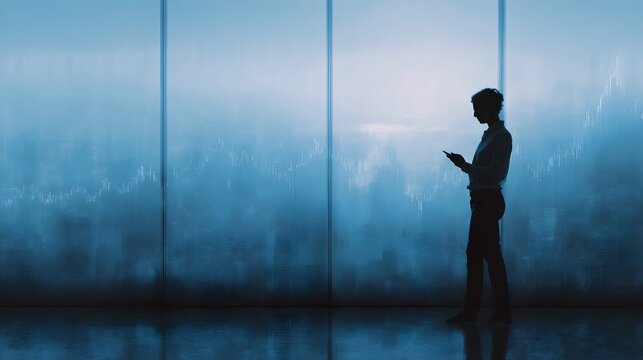 Silhouette of a person using a smartphone in front of a large window overlooking a blurred cityscape with financial data overlays