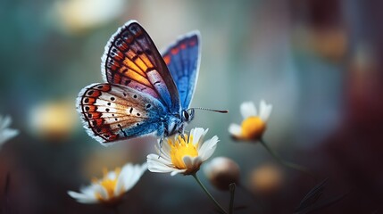 Closeup of a vibrant butterfly perched delicately on a daisy, its wings displaying intricate patterns and colors