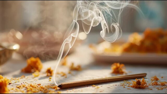 Burning sandalwood incense with gentle smoke, surrounded by bright marigold flowers, evoking Indian spirituality, prayer rituals, and festivals like Diwali and Pitru Paksha.