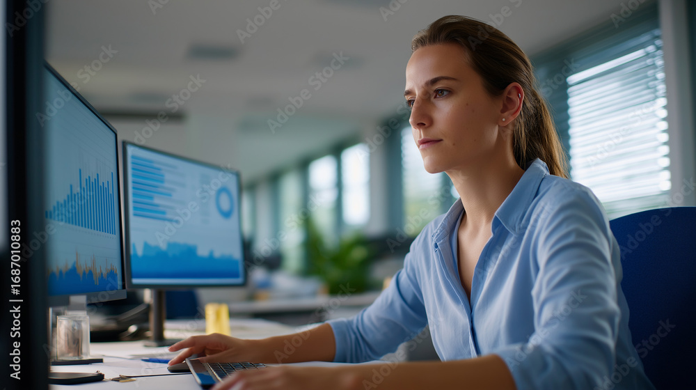 Poster an office manager at a modern workstation analyzing complex business data on dual monitors charts an