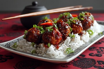 Spicy vegetable Manchurian, with crispy vegetable balls drenched in a glossy, tangy sauce, set against an Asian-inspired backdrop