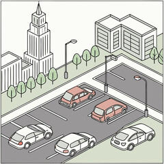 Vector art of parking lot with cars and buildings