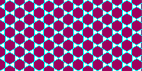 Seamless light blue and pink geometric pattern with mosaic triangles texture and vintage design. Geometry pattern hexagon. Hexagonal netting. Geometric overlapping hexagon pattern. Creative idea, arts