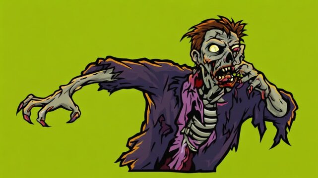 Illustration of a zombie with exposed ribs and blood on a green background looking menacing green screen video