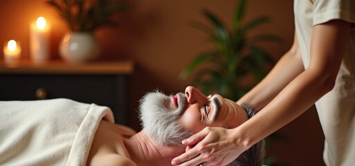 Banner of relaxed male client lying on his back in therapy room, receiving a rejuvenating massage in a tranquil spa salon. Senior man body care.
