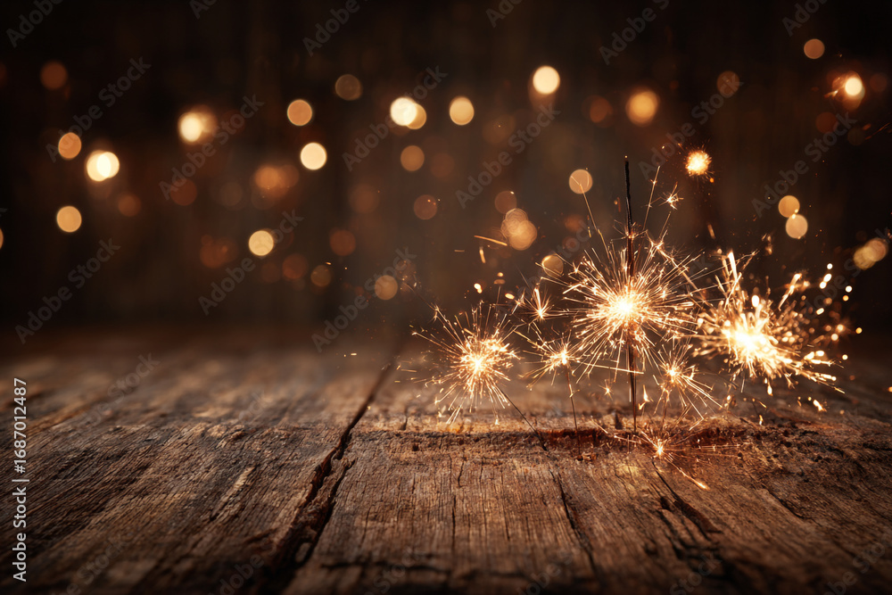 Poster glowing sparklers on rustic wood with bokeh lights background a festive scene