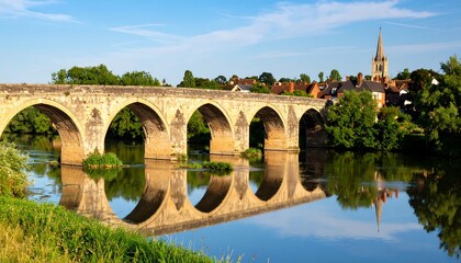 Obraz premium Stone arched bridge over a calm river, reflecting the sky and landscape