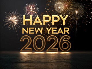 Happy New Year 2026 Celebration: Gleaming gold typography announces the dawn of 2026 against a backdrop of brilliant fireworks bursting in the night sky, casting a celebratory glow.