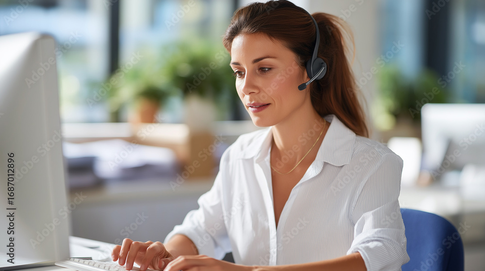 Poster a professional woman multitasking with a headset on taking client calls while typing on her computer