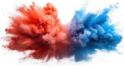 Explosion of red and blue powder colliding in the center, isolated on transparent background