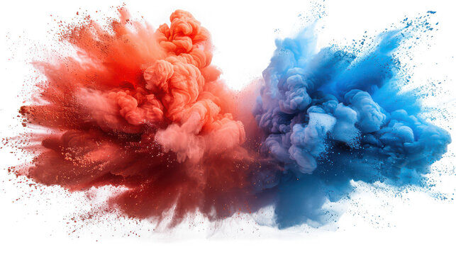 Explosion of red and blue powder colliding in the center, isolated on transparent background