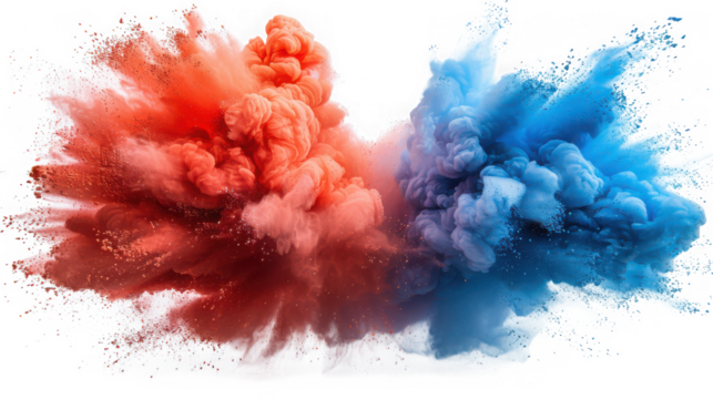 Explosion of red and blue powder colliding in the center, isolated on transparent background