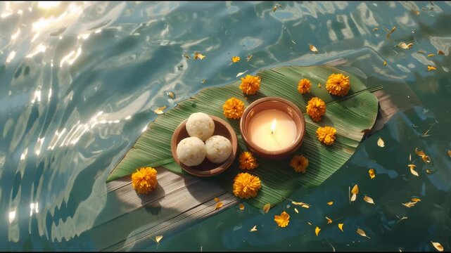 Overhead view of banana leaf floating on river with pinda rice balls, marigold flowers and lit candle, traditional Hindu offering during Pitru Paksha ancestor rituals.