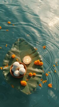 Overhead view of banana leaf floating on river with pinda rice balls, marigold flowers and lit candle, traditional Hindu offering during Pitru Paksha ancestor rituals.