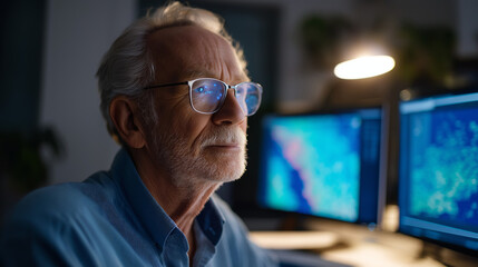Obraz premium An elderly graphic designer working late at home dual monitors glowing with colorful digital layouts glasses reflecting bright designs soft desk lamp casting warm light