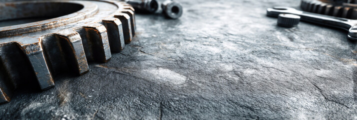 Industrial metal gear in steampunk style with rusty and polished surfaces in monochrome gray and black tones for engineering and machinery concepts with copy space