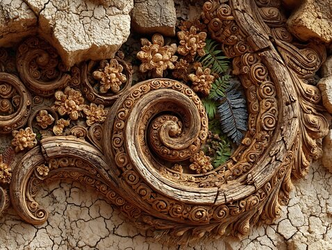 Digital etchings of golden spirals over ancient cracked clay-like textures