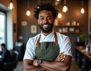 Obraz premium Portrait of cheerful barber or barista standing with arm crossed. Grooming professional in stylish clothing in beauty salon or cafe. Black man hairdresser posing in barbershop.