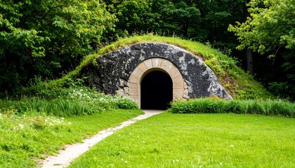 Obraz premium Stone archway entrance in a grassy park