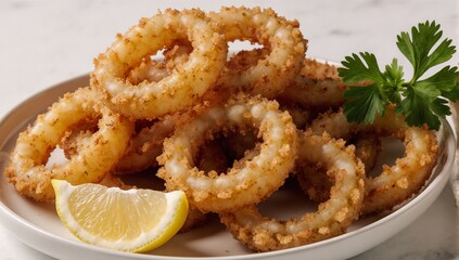 Golden brown crispy calamari rings with a fresh lemon wedge garnish - savory seafood snack boasting crunchy texture and tantalizing flavor