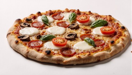 Close-up of tasty pizza and ingredients on a white background for easy reading